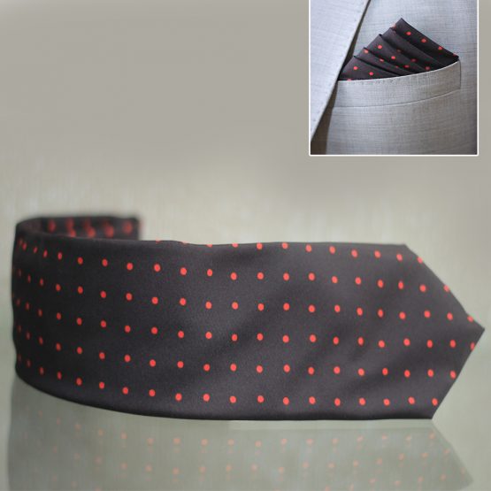 Hand Made Black & Red Dot Tie & Pocket Square