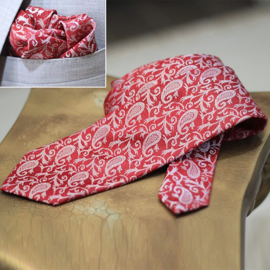 Hand Made Red Jamawar Tie & Pocket Square