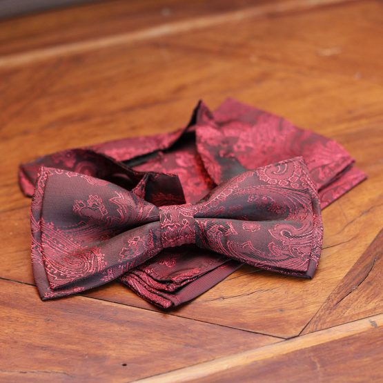 Black and Maroon Contrast Bow Tie with Matching Pocket Square