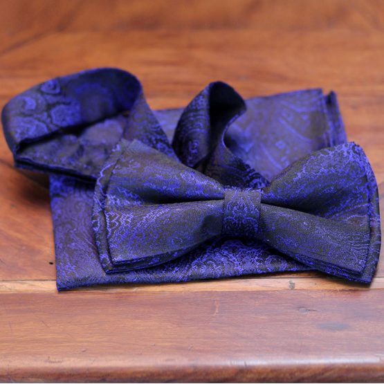 Navy Blue Silk Bow Tie with Matching Pocket Square