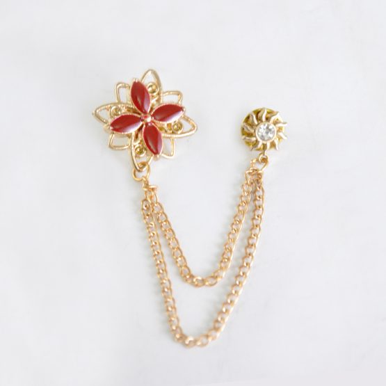 Buy Maroon Flower Shape Brooch with Golden Chain
