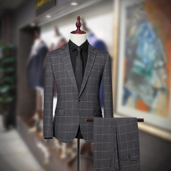 Men's Charcoil Windowpane Check Slim Fit Suit