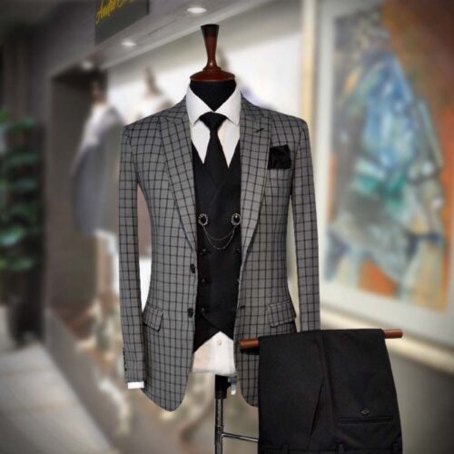 Grey Windowpane Check 3 Piece Suit - Andre Emilio
