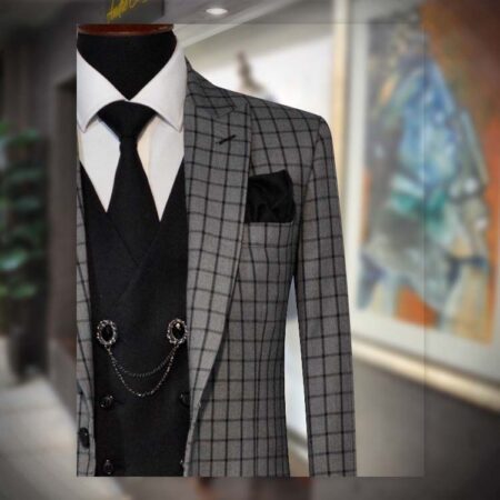 Grey Windowpane Check 3 Piece Suit - Andre Emilio