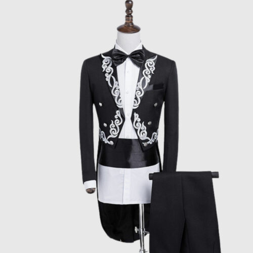 Black British Morning Tuxedo Suit with Silver Pattern