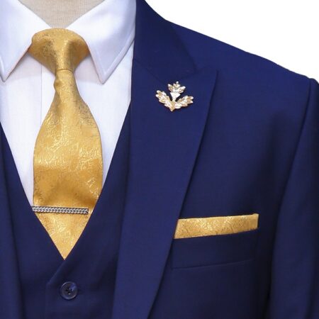 blue suit with gold shirt