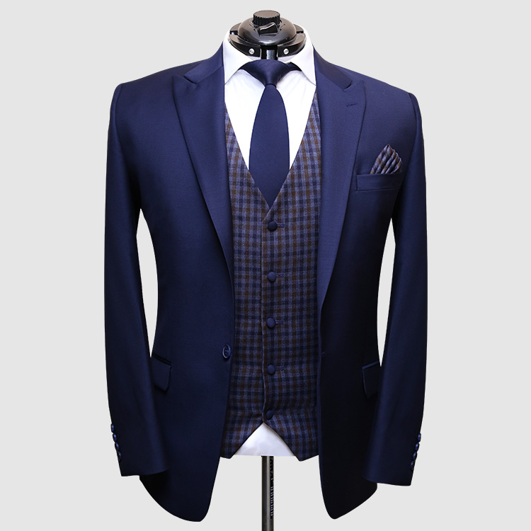 Men Navy Blue Suit With Check Waistcoat