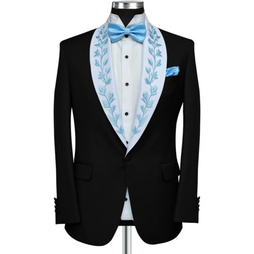 Black Tuxedo With White Lapel Blue Embroidery