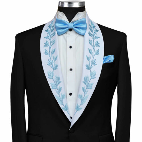 Black Tuxedo With White Shawl Lapel Blue Embroidery