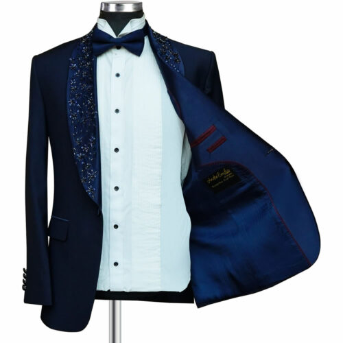 Blue Tuxedo With Embroidered Lapel For Wedding