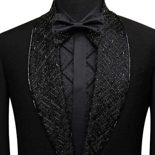 Black Tuxedo With Stone Embroidery On Lapel