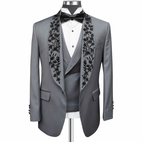 Grey Tuxedo With Black Embroidery Lapel