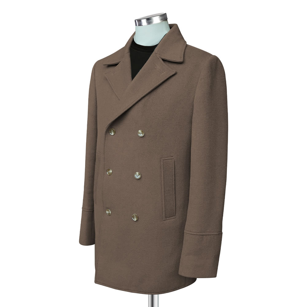 side view of Brown Double Breasted Overcoat